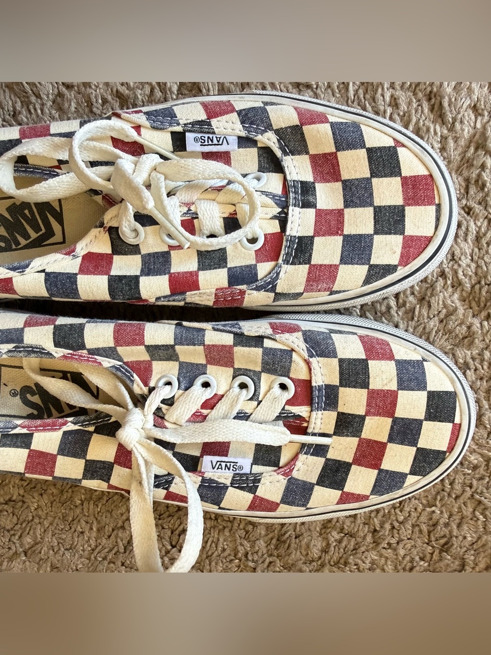Vans Unisex Laced Checkerboard Shoes Blue, Red, and Black. Womens 7, Men’s 5.5